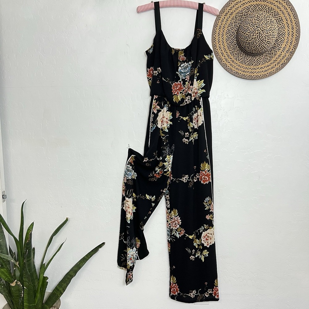 Bailey black garden antique floral wide leg jumpsuit sz S stretch thick straps